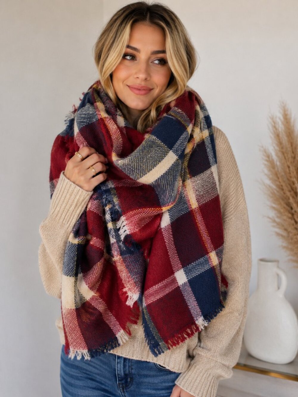 Oversized Plaid Blanket Scarf Red Navy Beige Soft Fringe Wrap Shawl Winter